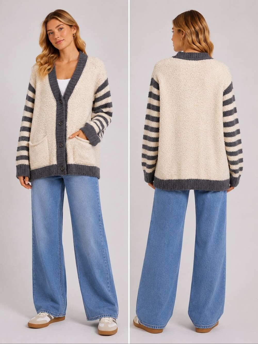 POL Cream & Charcoal Striped Sleeve Button Front Cardigan
